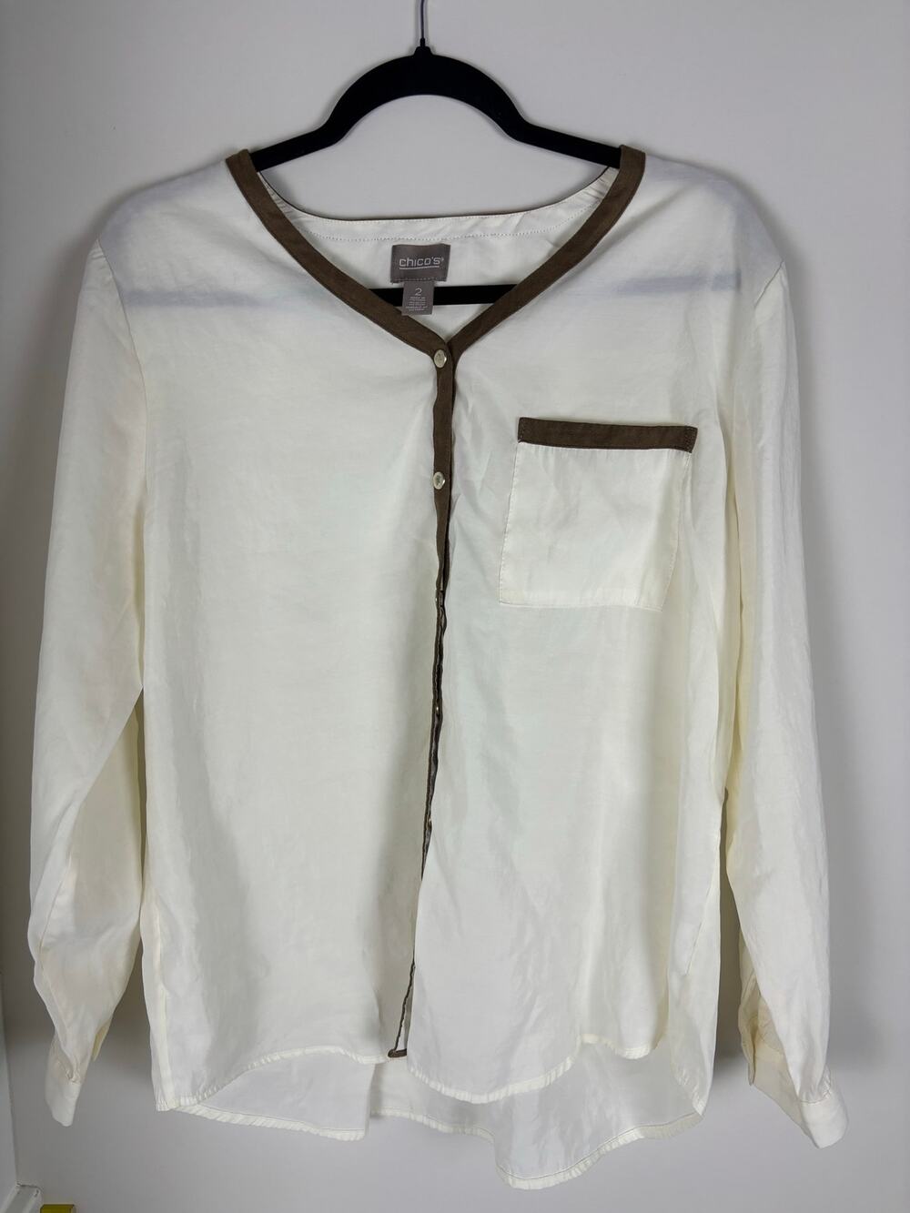 Chico’s Size 2 Ivory Blouse Brown Faux Suede Trim